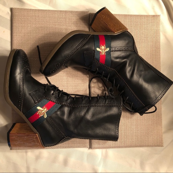 GUCCI Karen Lace Up Booties Black Bumblebee Boot - Picture 1 of 8